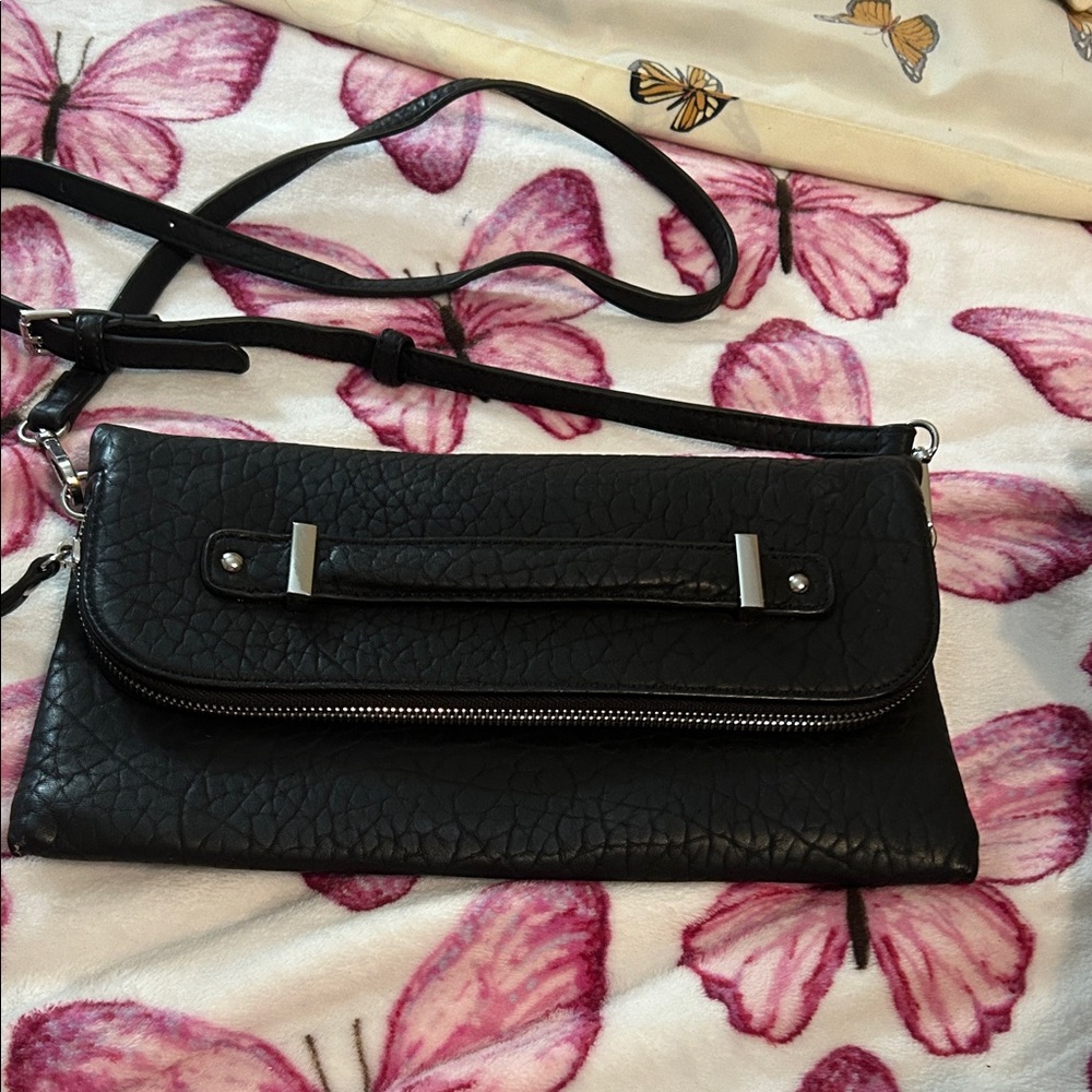 Sleek Black Leather Clutch with Silver Hardware